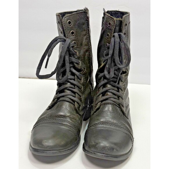 Steve Madden Troopa Combat Boots Dark Green Leather Boho Lace Up Women's 8 Zip - Picture 2 of 6